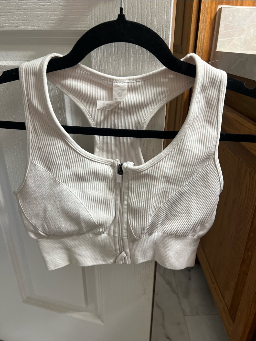 White Front-Zip Ribbed Sports Bra